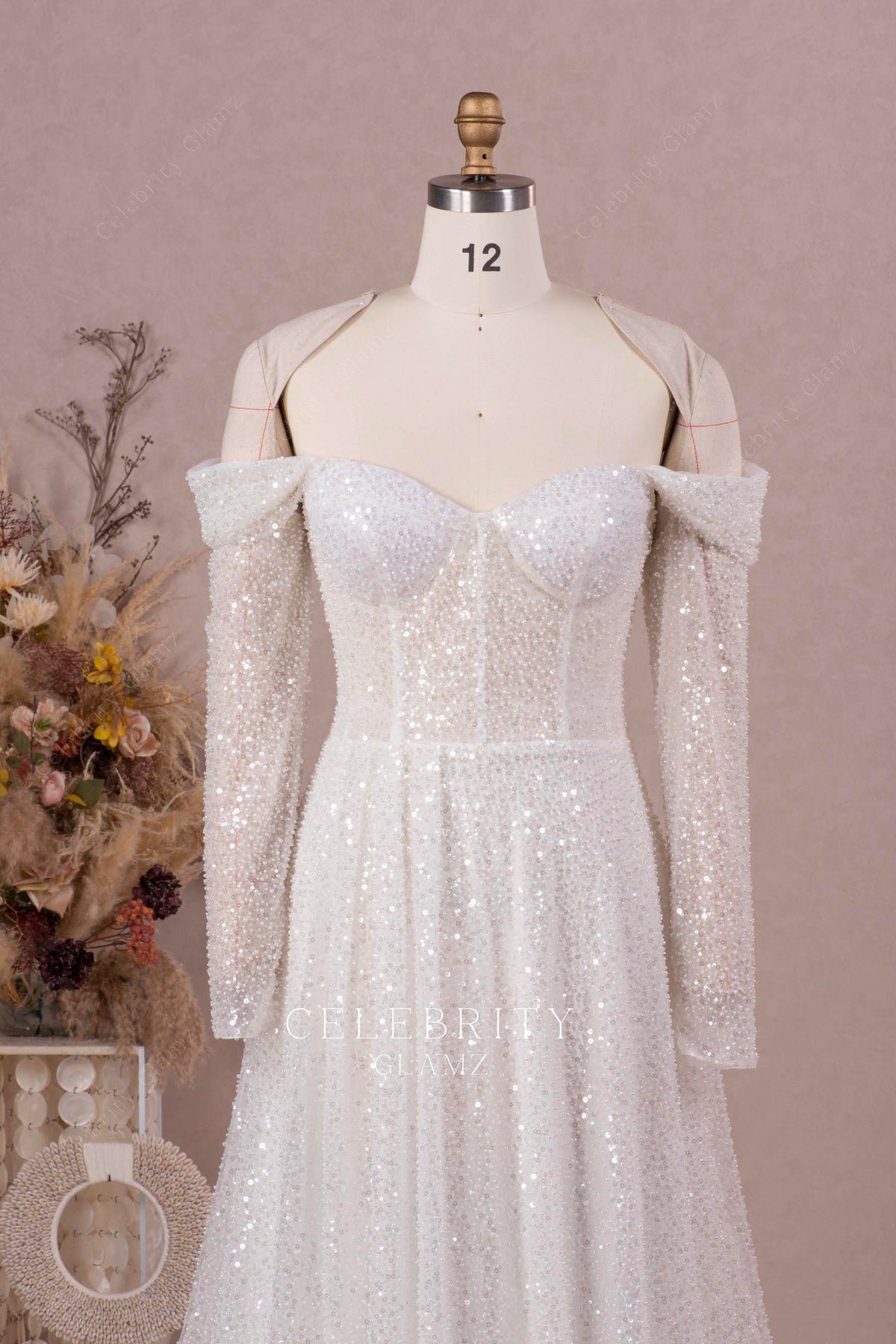 luxury beaded off shoulder wedding dress