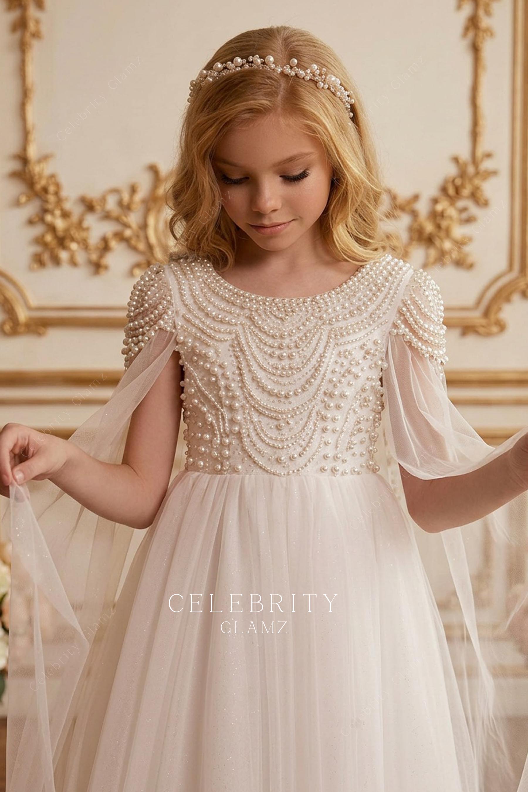 luxury pearl boat neck first communion dress