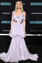 Margot Robbie lilac plunging neck dress bombshell premiere 