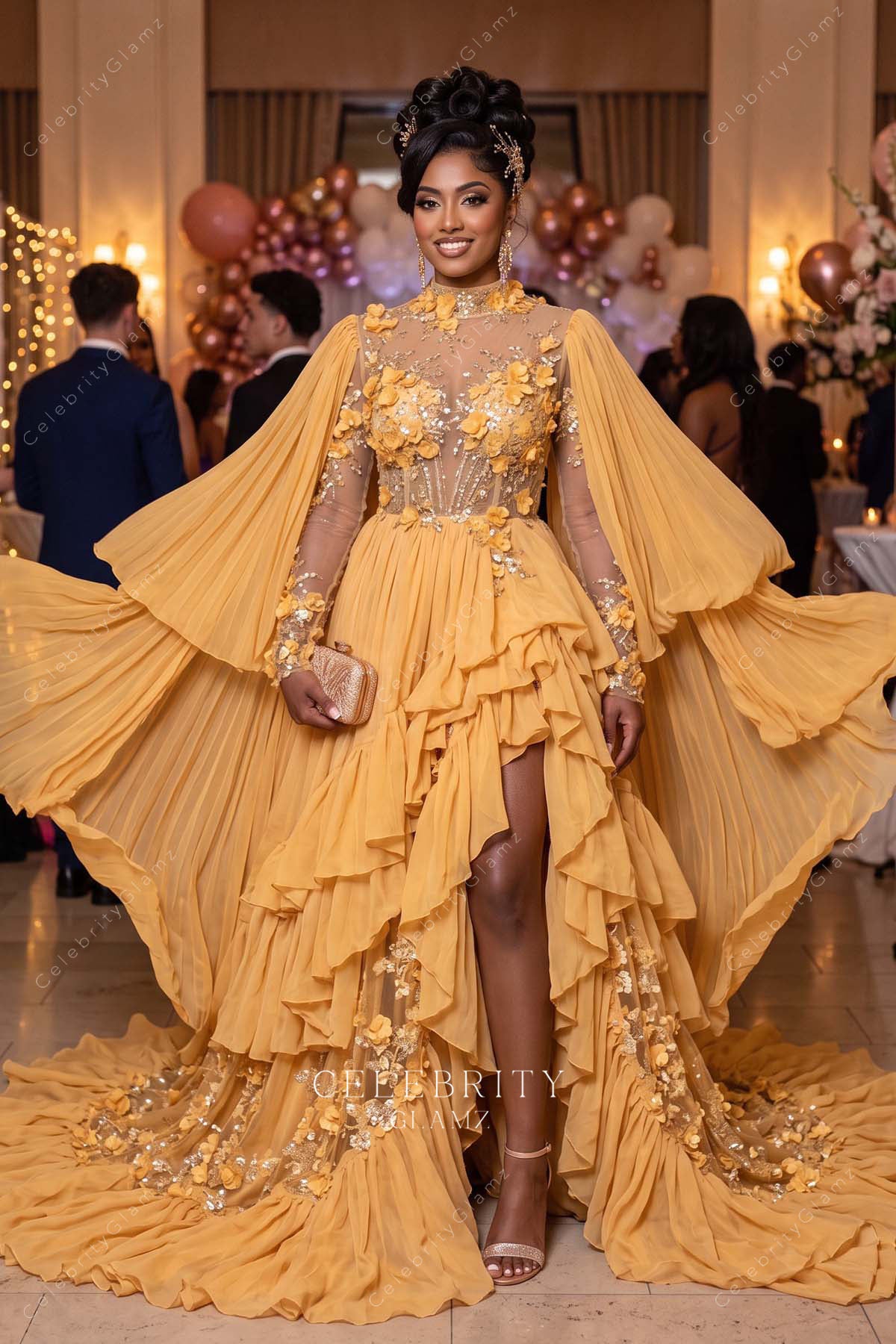 marigold chiffon ruffled formal dress