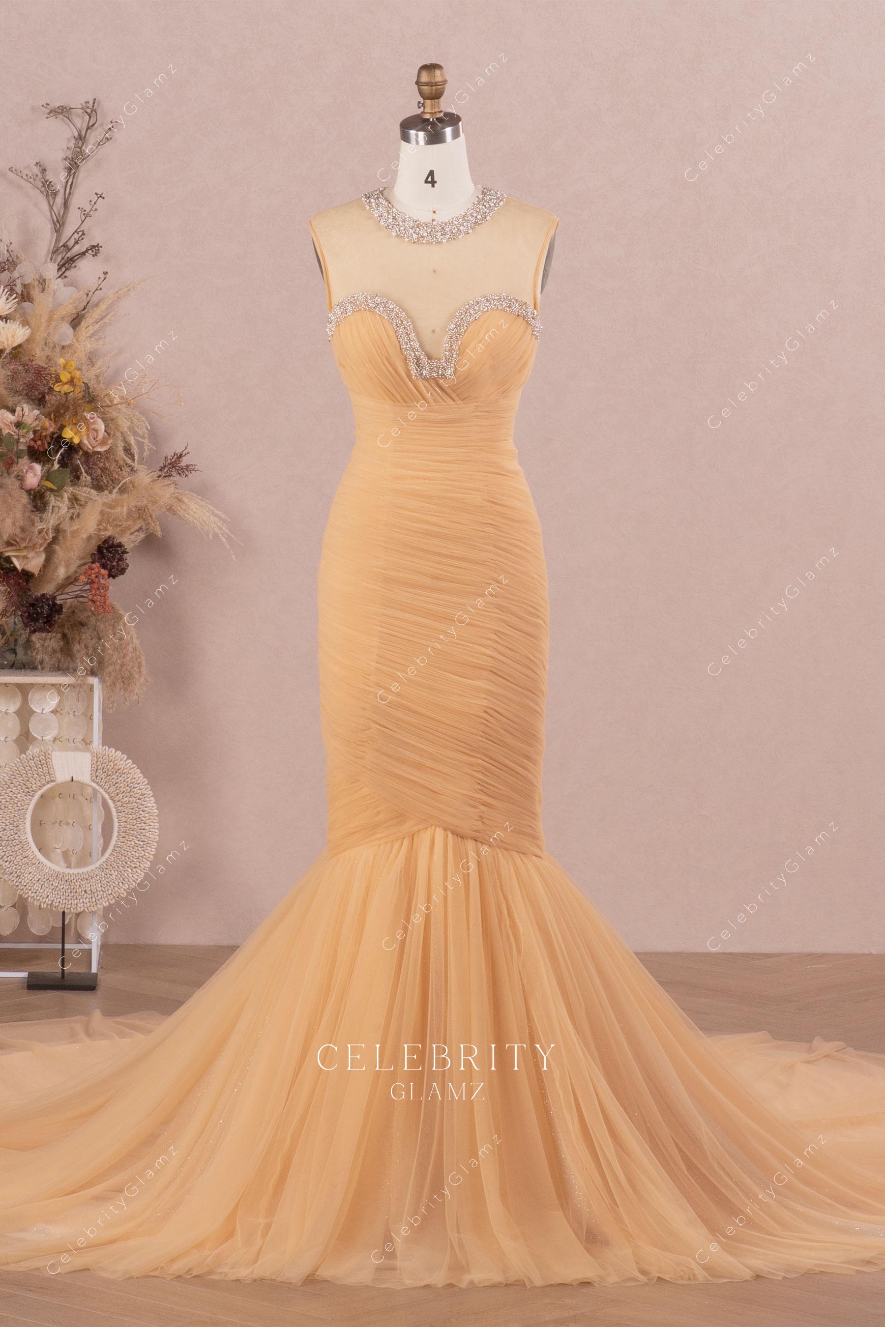 marigold tulle trumpet wedding dress