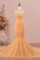 marigold tulle trumpet wedding dress