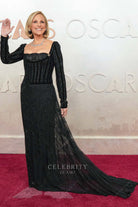 Marlee Matlin black 2025 Oscars red carpet Scalloped neck dress
