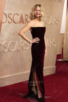 Meg Ryan velvet straight across 2025 Oscars red carpet prom dress