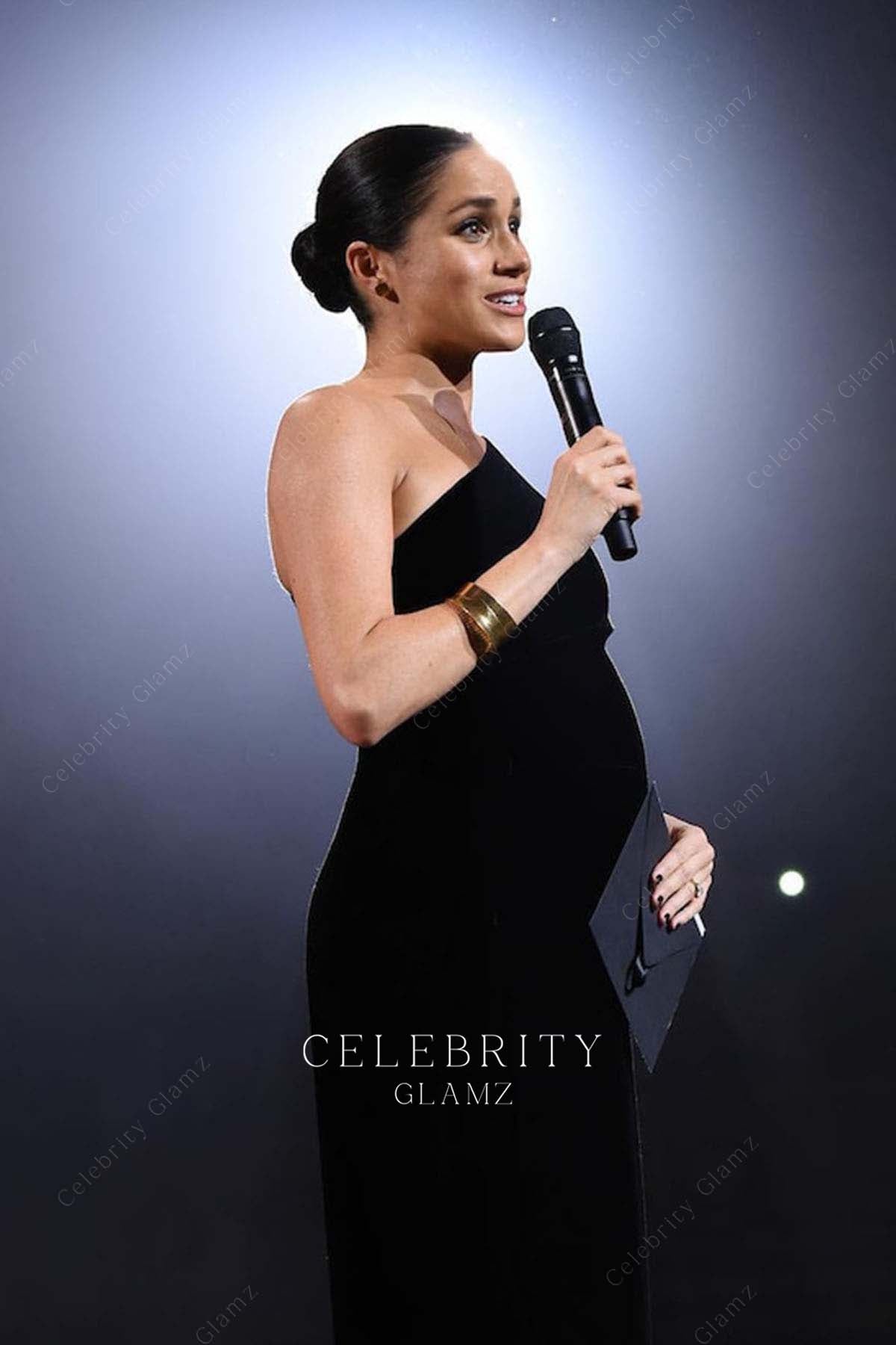 Meghan Markle asymmetrical neckline formal dress British fashion awards2018