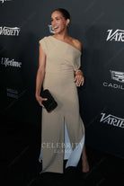 Meghan Markle beige asymmetry neckline prom dress variety power of   women 2023
