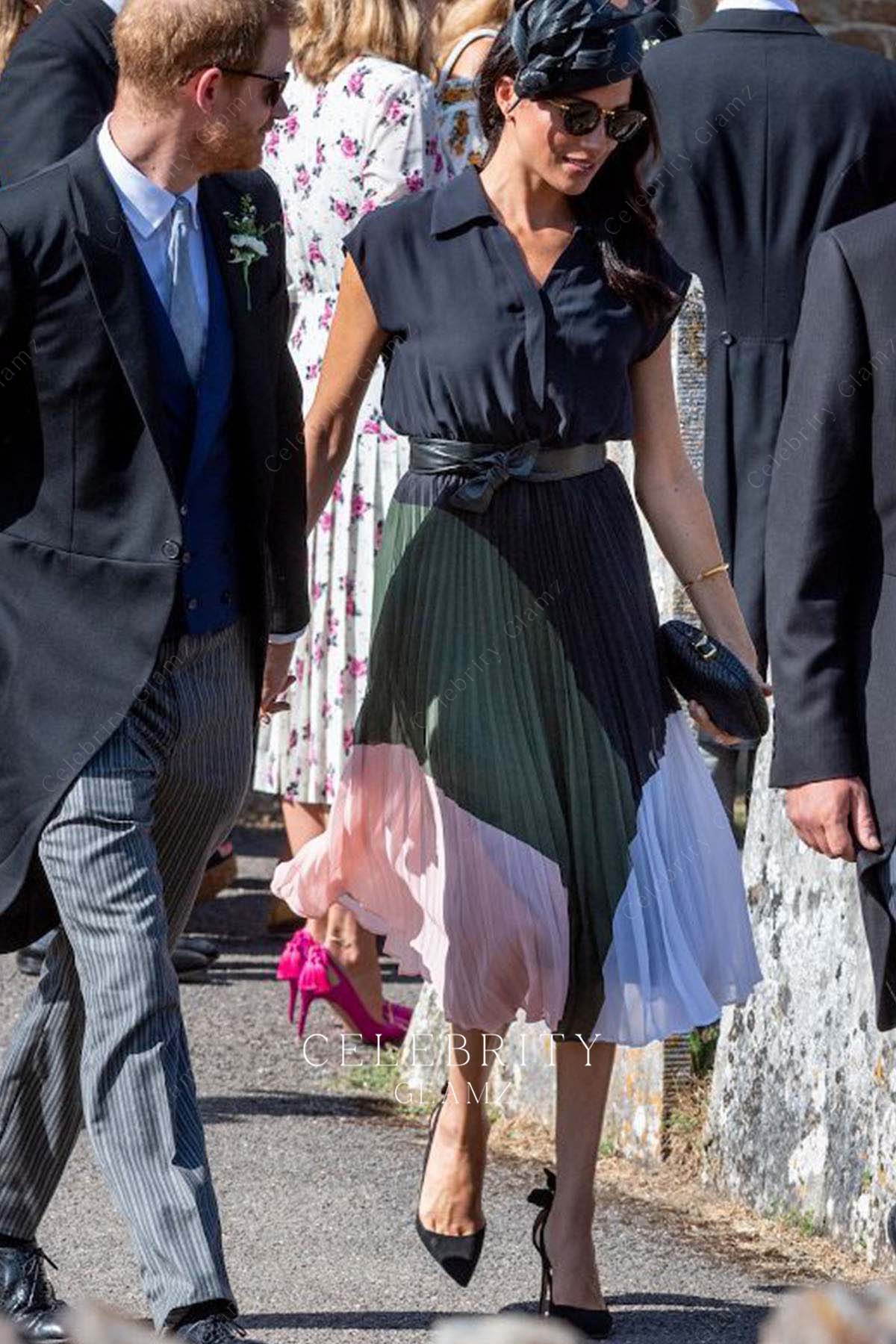 Meghan Markle chiffon multi colores prom dress Harry's friend's wedding 