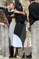Meghan Markle chiffon tea length prom dress Harry's friend's wedding 