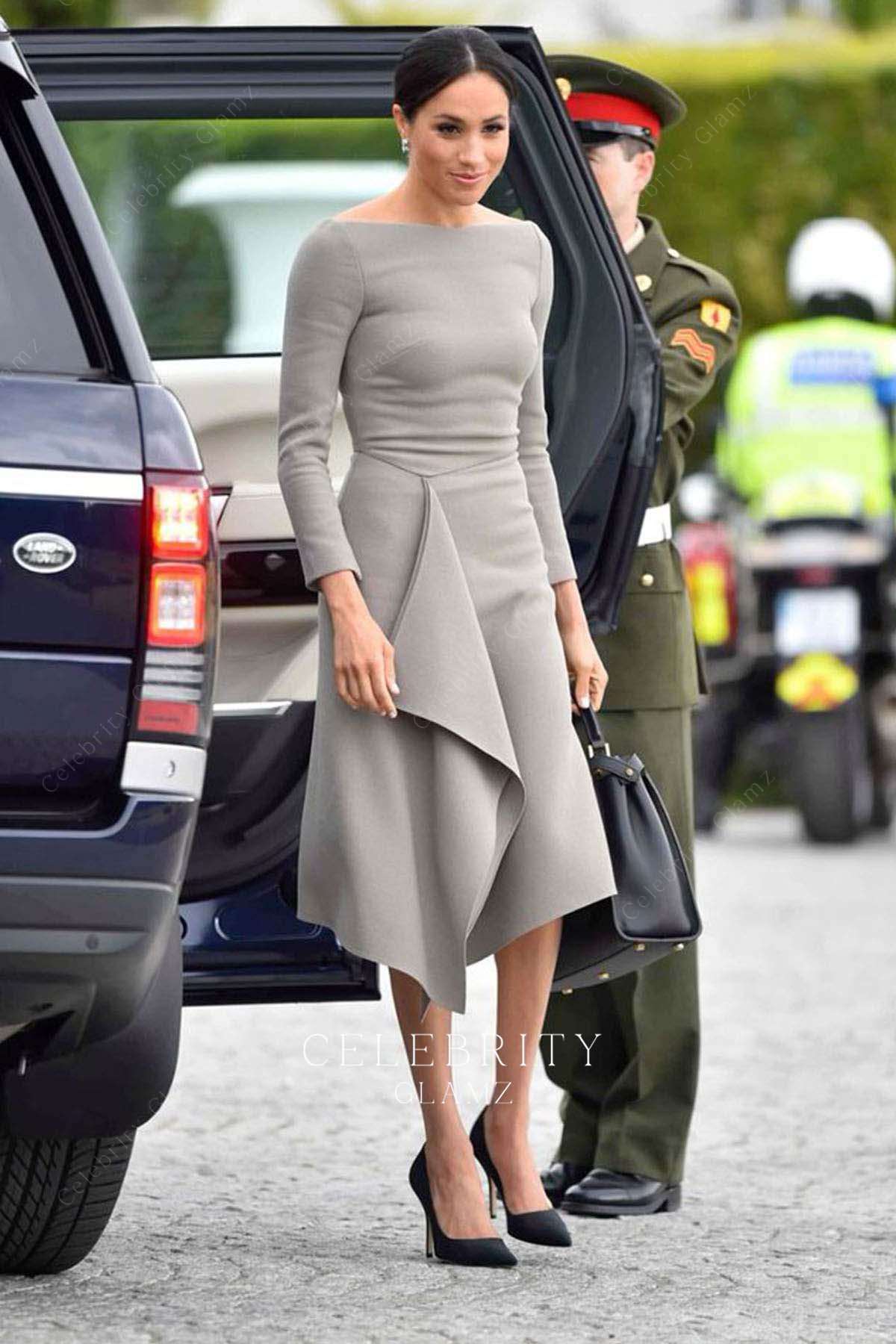 Meghan Markle crepe knee length formal dress visit Dublin 2018