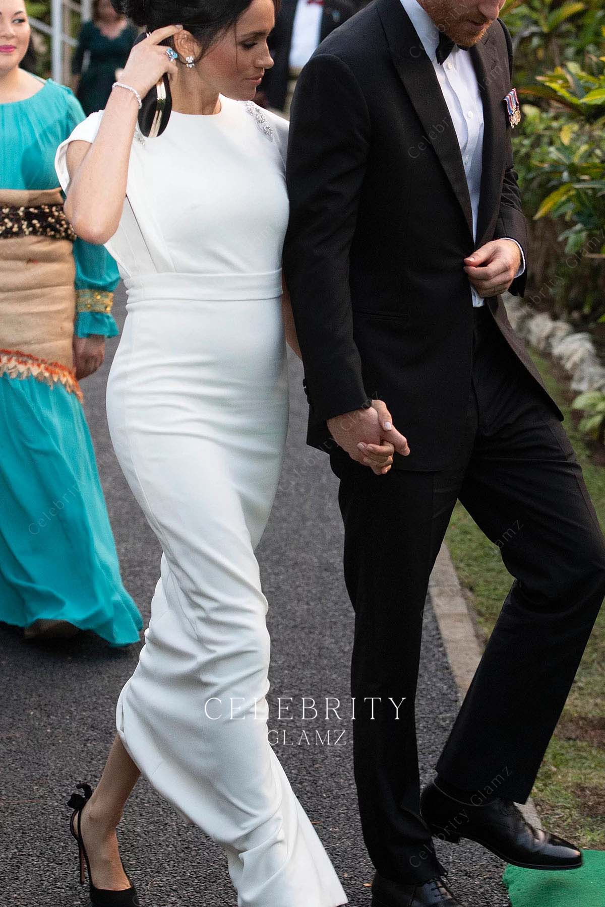 Meghan Markle crew neck formal dress visit Tonga 2018