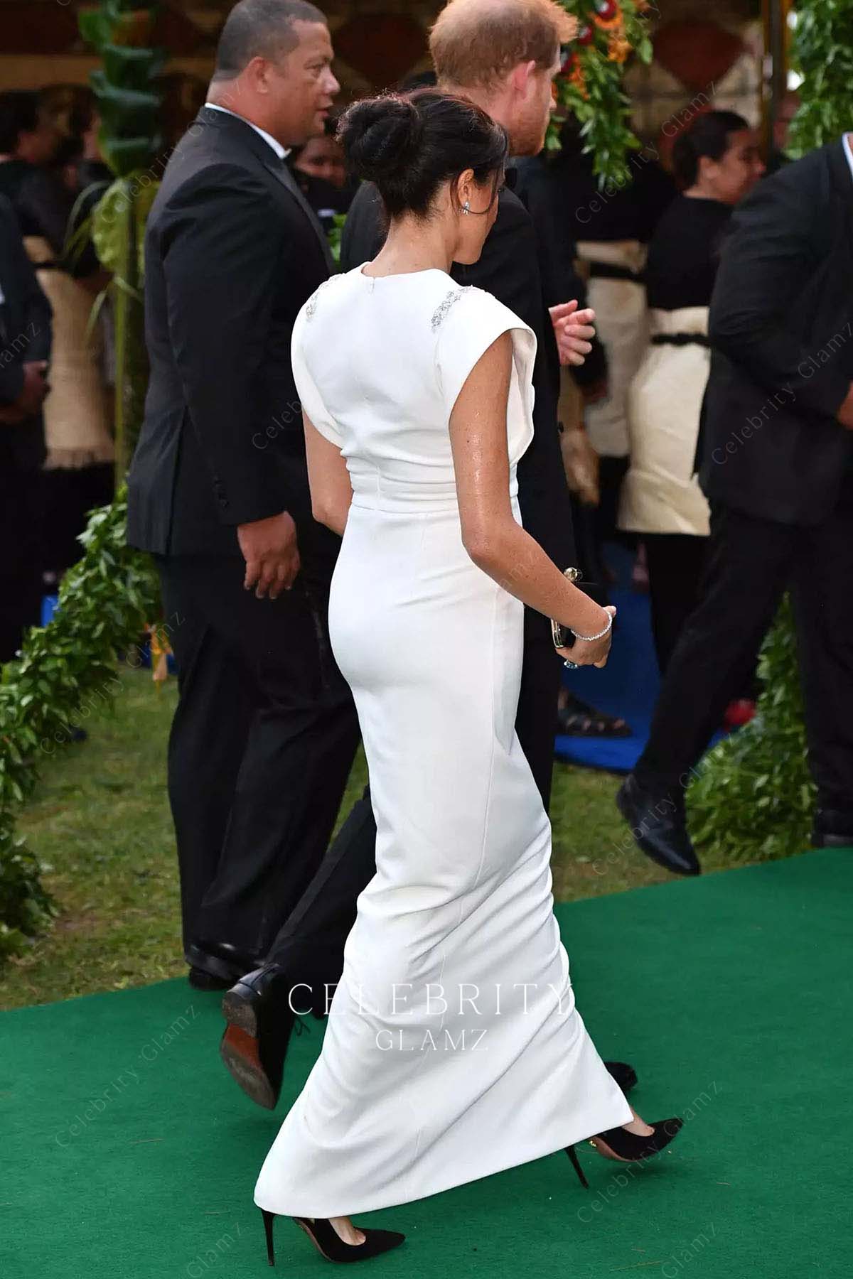 Meghan Markle elegant ankle length formal dress visit Tonga 2018