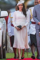 Meghan Markle elegant white tea length formal dress touched down in fiji 2018