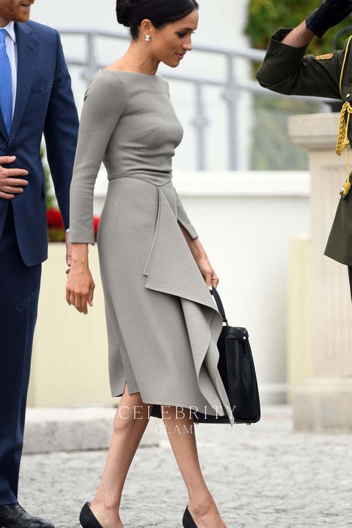 Meghan Markle grey Sabrina neck formal dress visit Dublin 2018