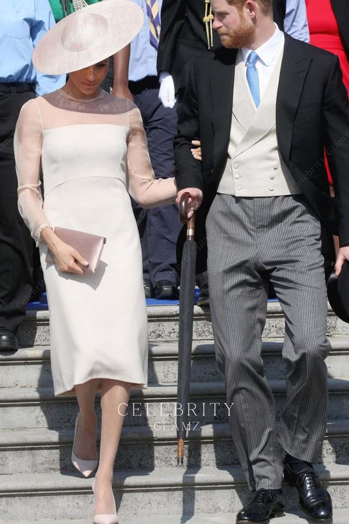 Meghan Markle ivory sheer long sleeve formal dress prince Charles 70th birthday