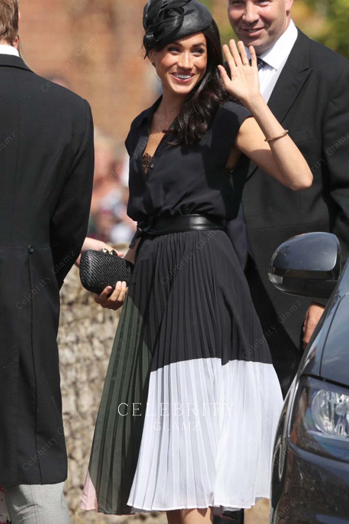 Meghan Markle pleated chiffon formal dress Harry's friend's wedding 
