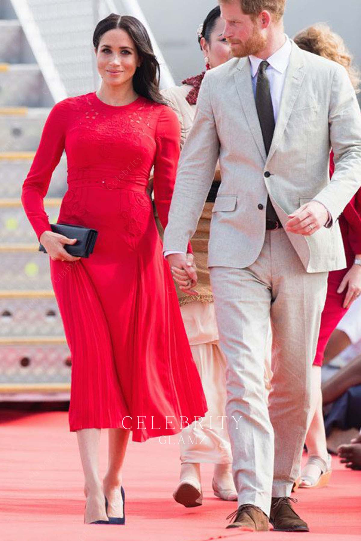 Meghan Markle red a line prom dress royal tour 2018