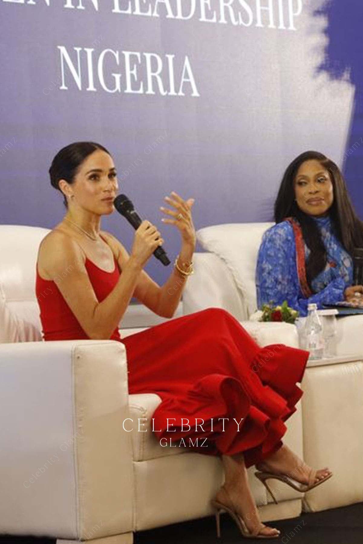 Meghan Markle red a line prom dress women in leadership event 2024