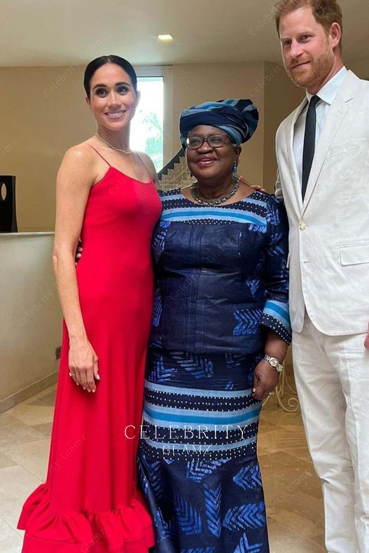 Meghan Markle red flouncing prom dress women in leadership event 2024