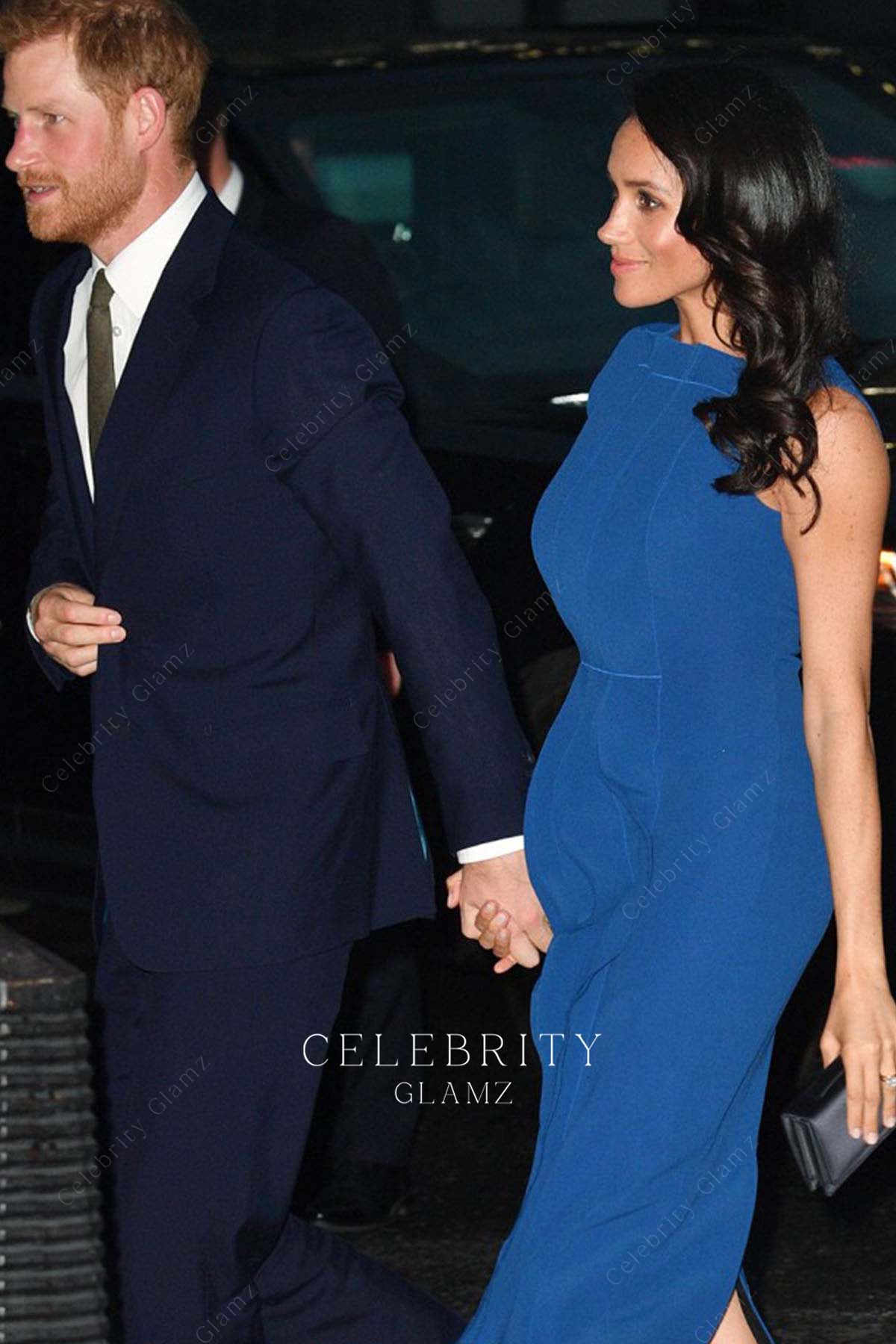 Meghan Markle sapphire ruffles prom dress peace gala music even 100 days