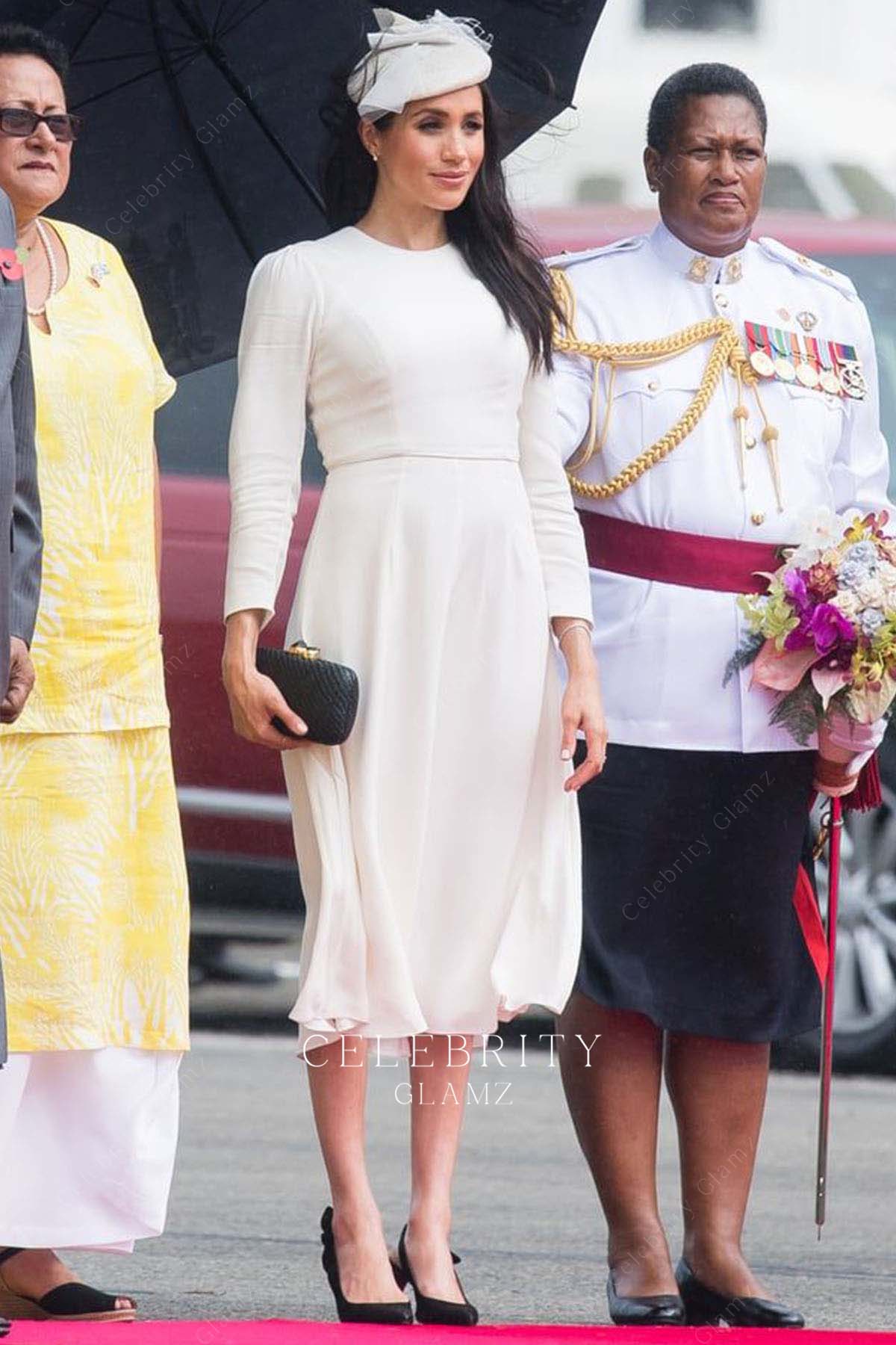 Meghan Markle elegant white tea length formal dress touched down in fiji 2018