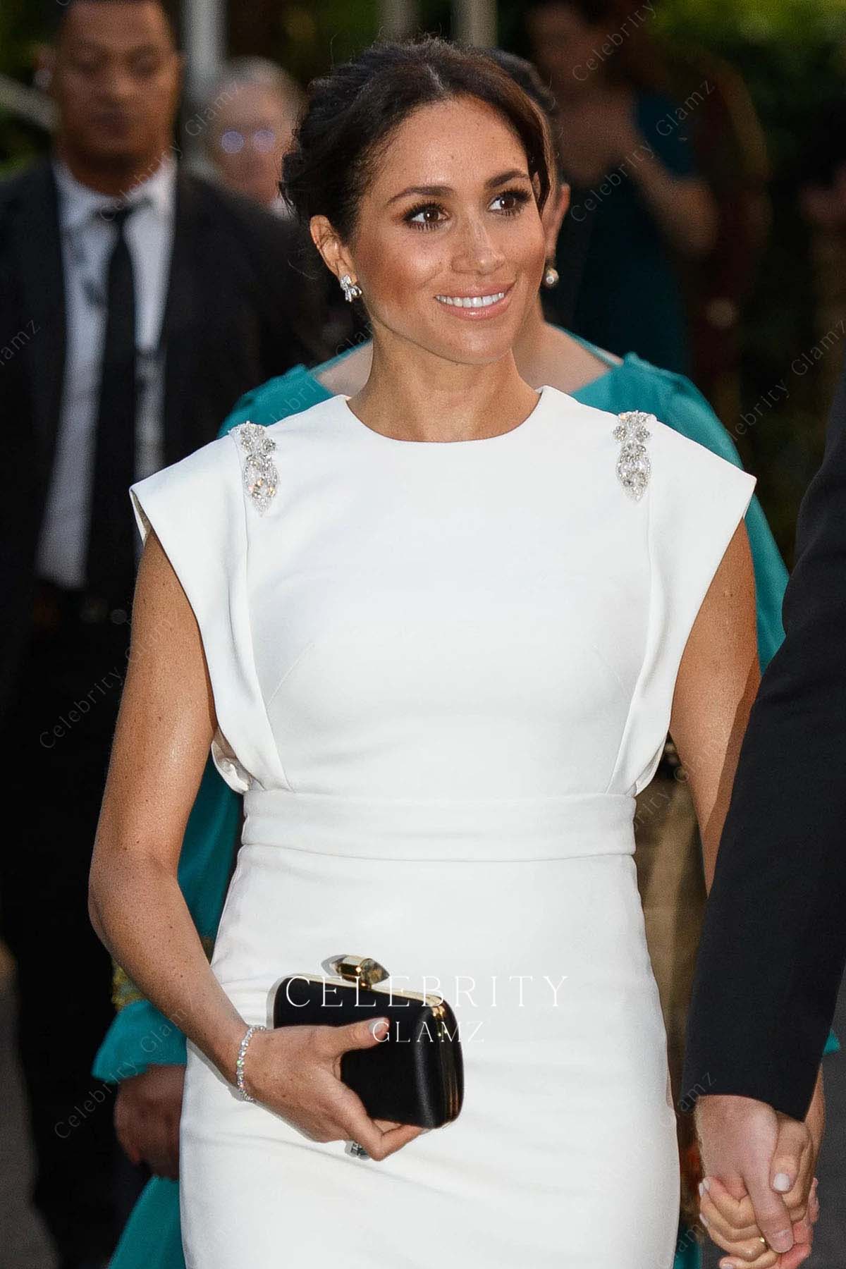 Meghan Markle white empire waist formal dress visit Tonga 2018