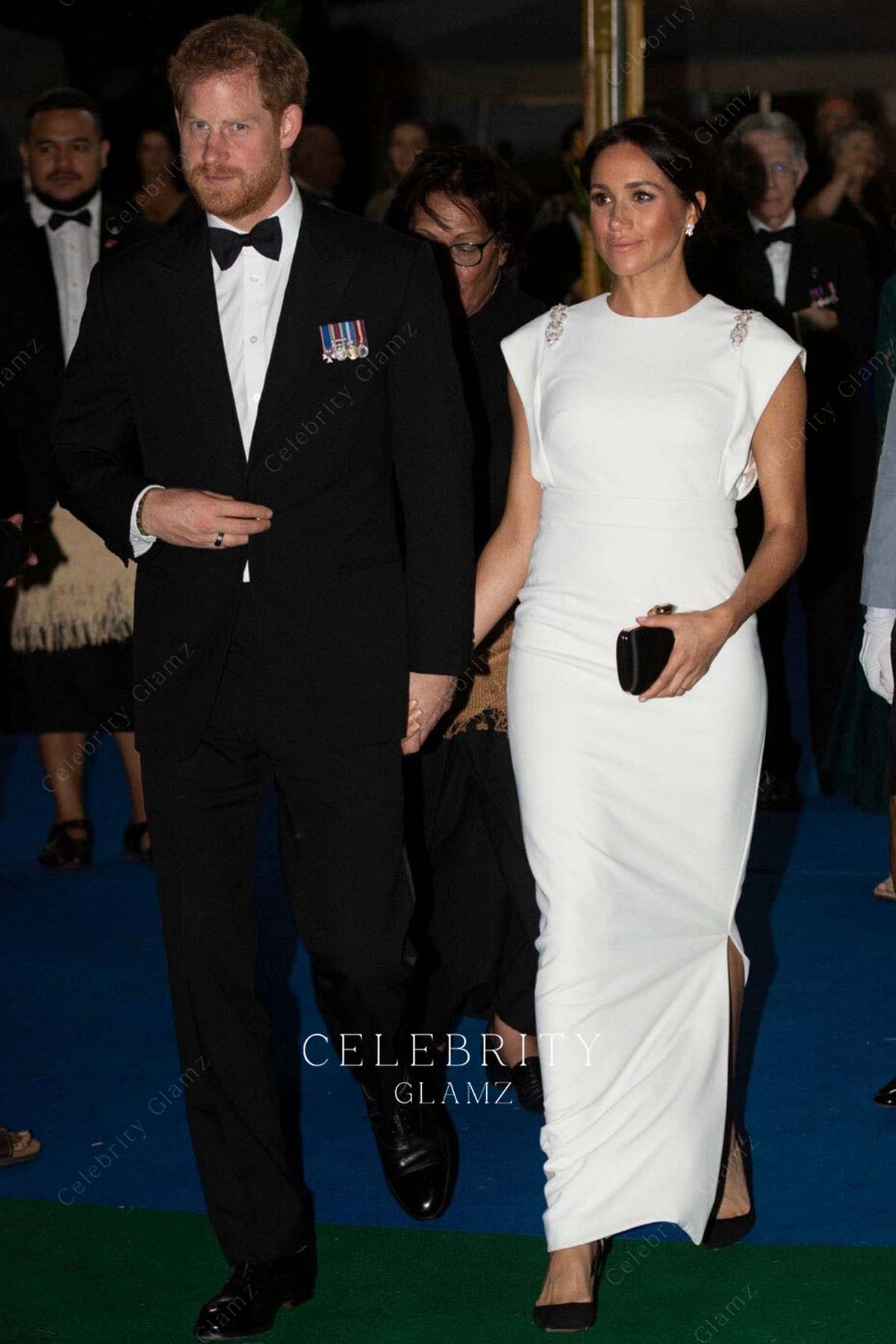 Meghan Markle white sheath prom formal dress visit Tonga 2018