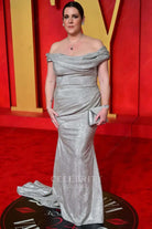 Melanie Lynskey grey off shoulder prom dress 2024 Oscars after party