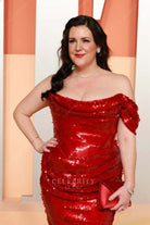 Melanie Lynskey red 2025 cowl neck Vanity fair party dress