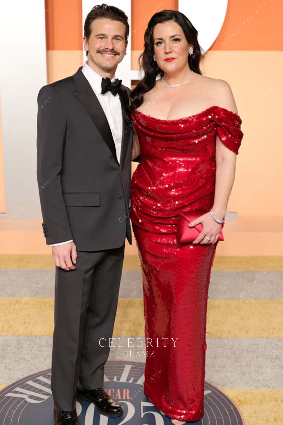 Melanie Lynskey red 2025 Vanity fair party sheath dress
