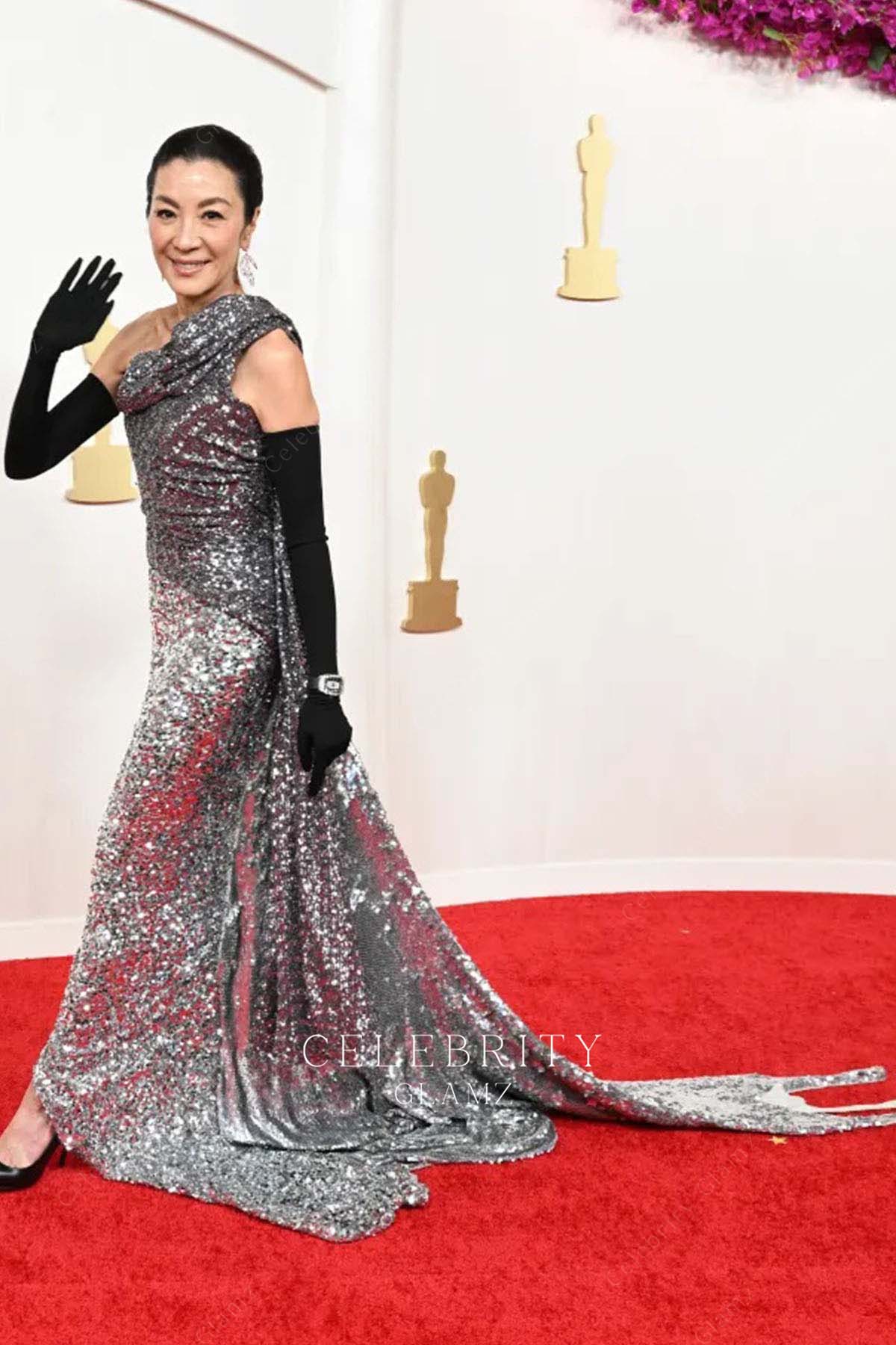 Michelle Yeoh long train prom dress 2024 Oscars red carpet