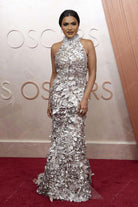 Mindy Kaling silver leaves 2025 Oscars red carpet dress