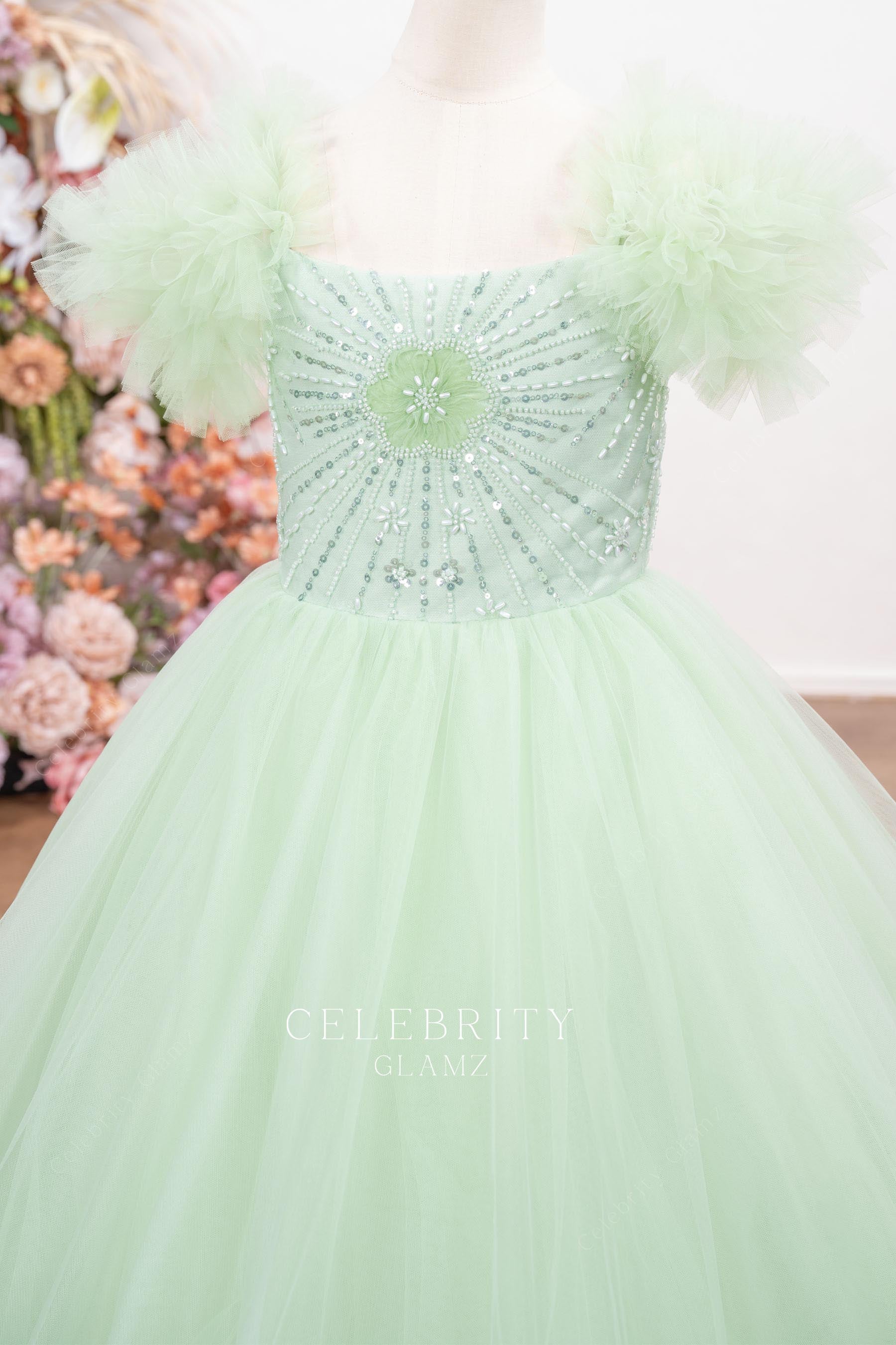 mint beaded square neck pageant gown