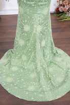 mint green beaded court train prom dress