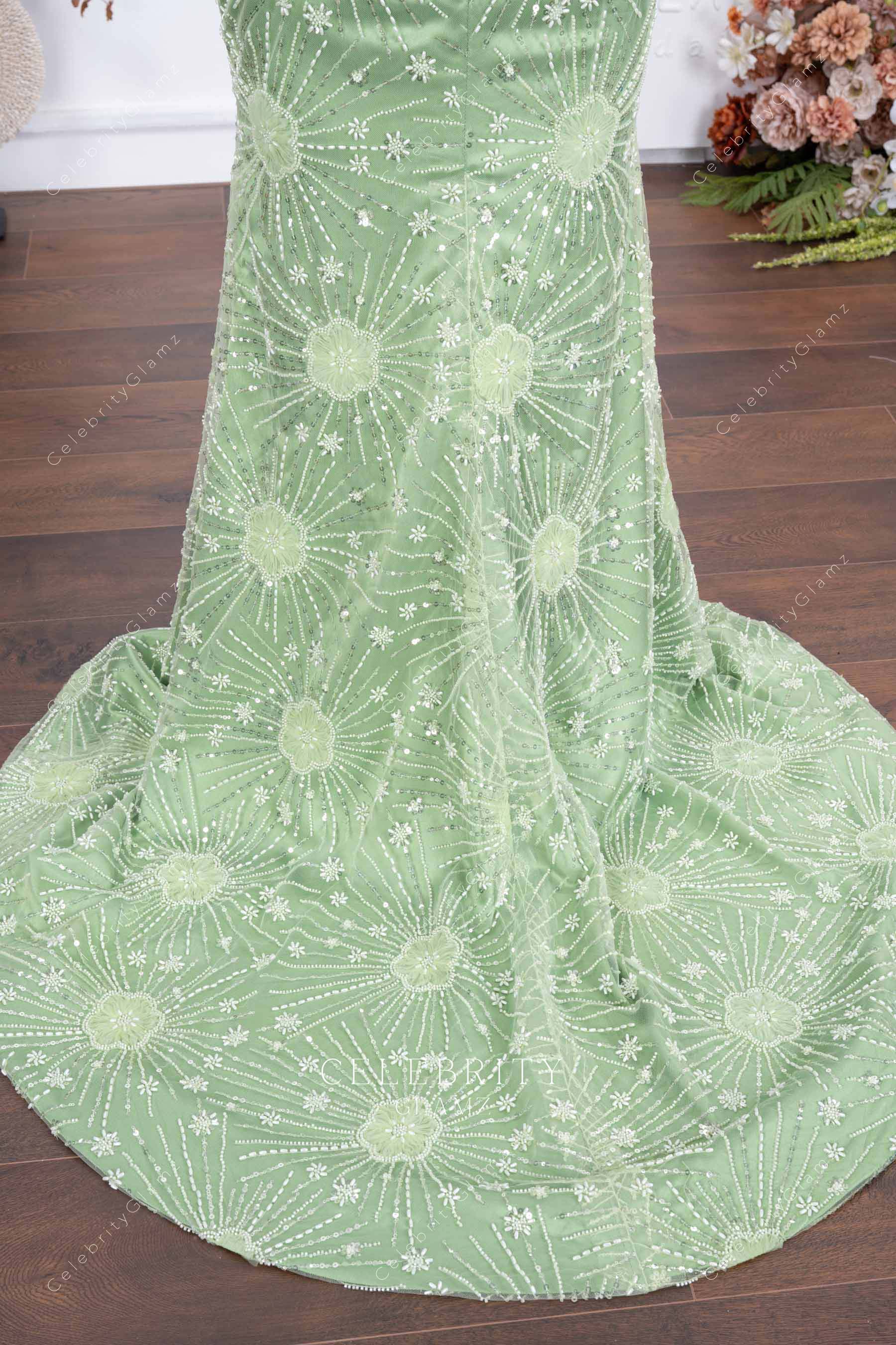 mint green beaded court train prom dress
