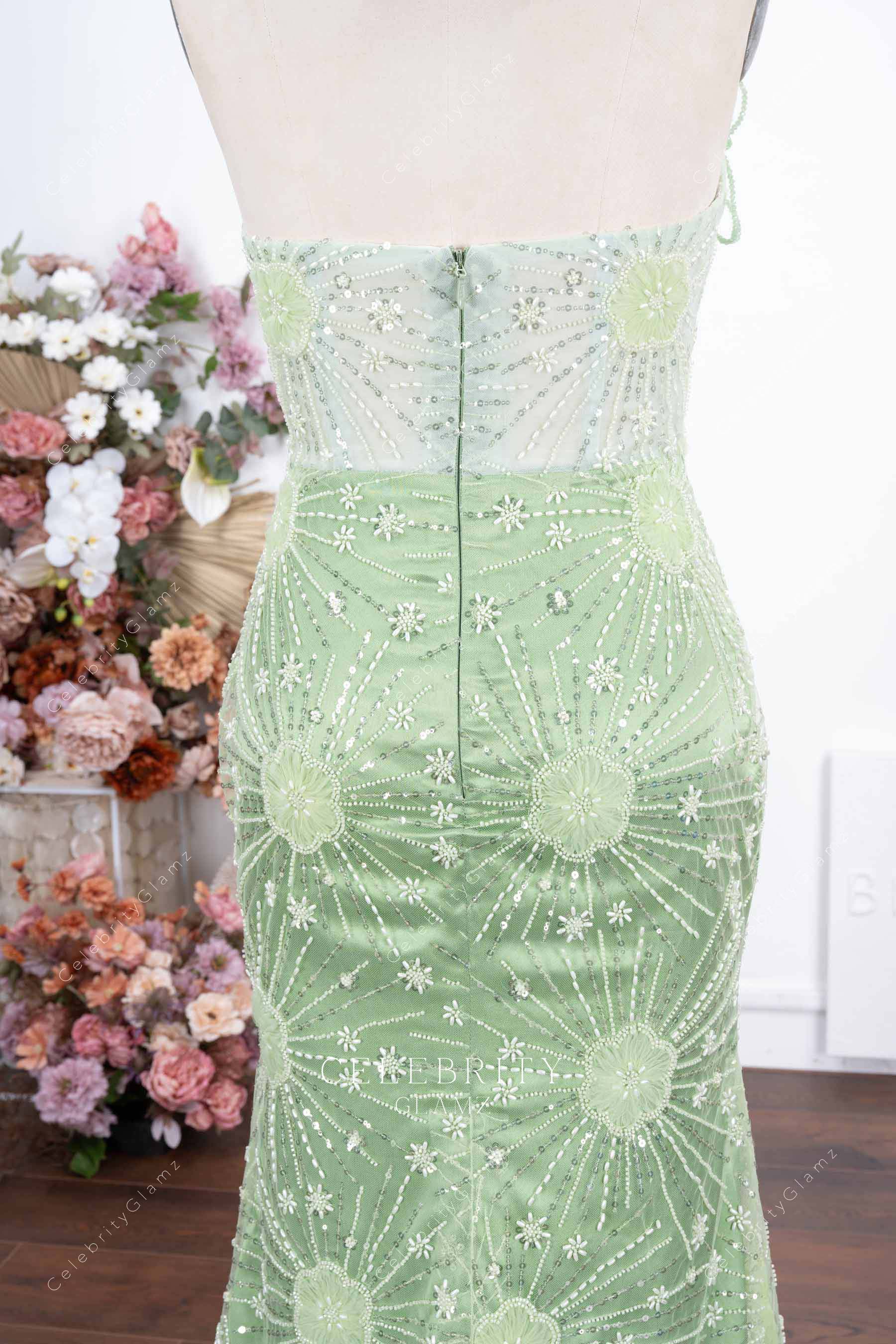 mint green beaded open back prom dress