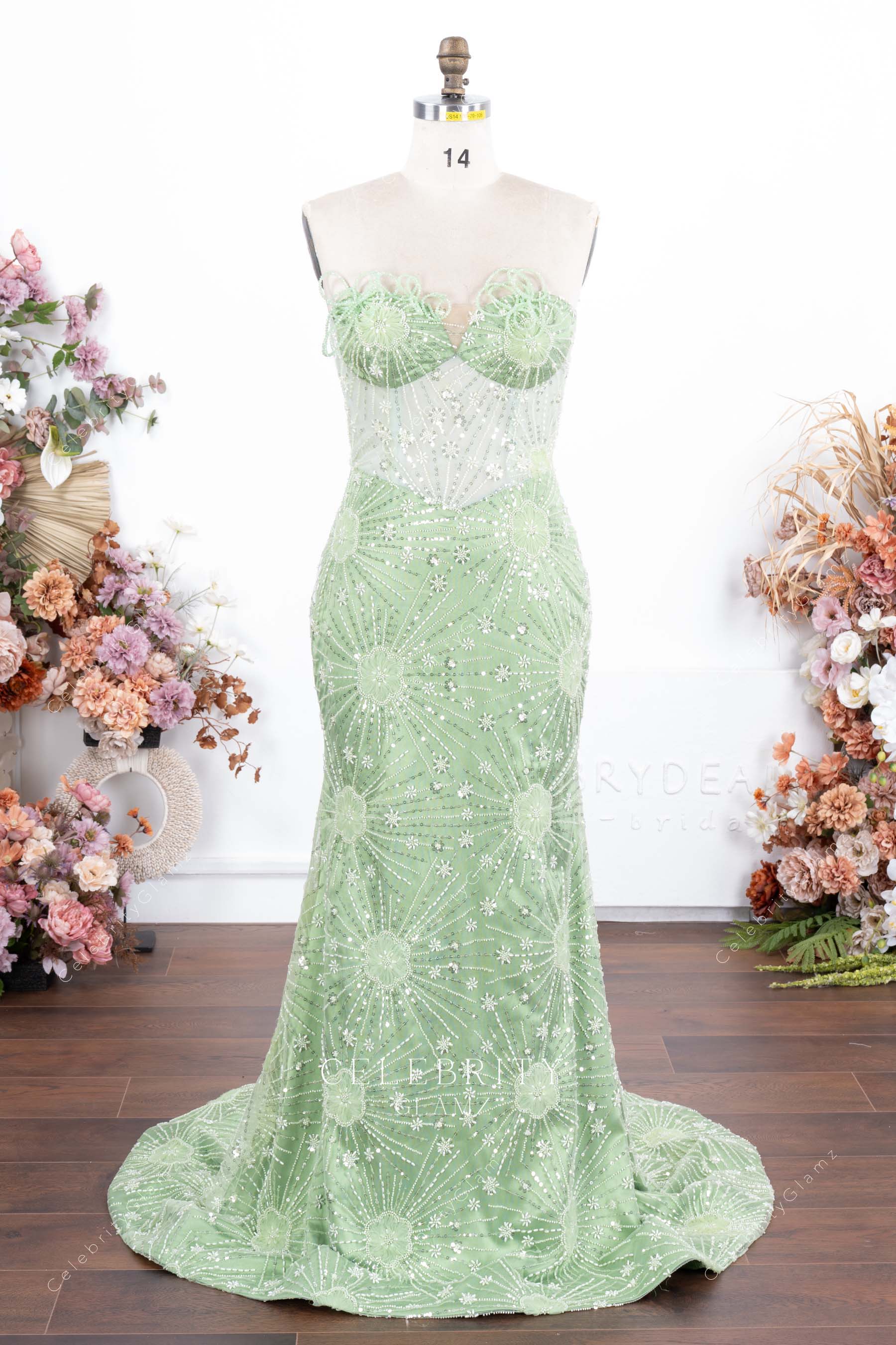 mint green beaded strapless prom dress