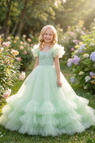 mint layered tulle pageant gown