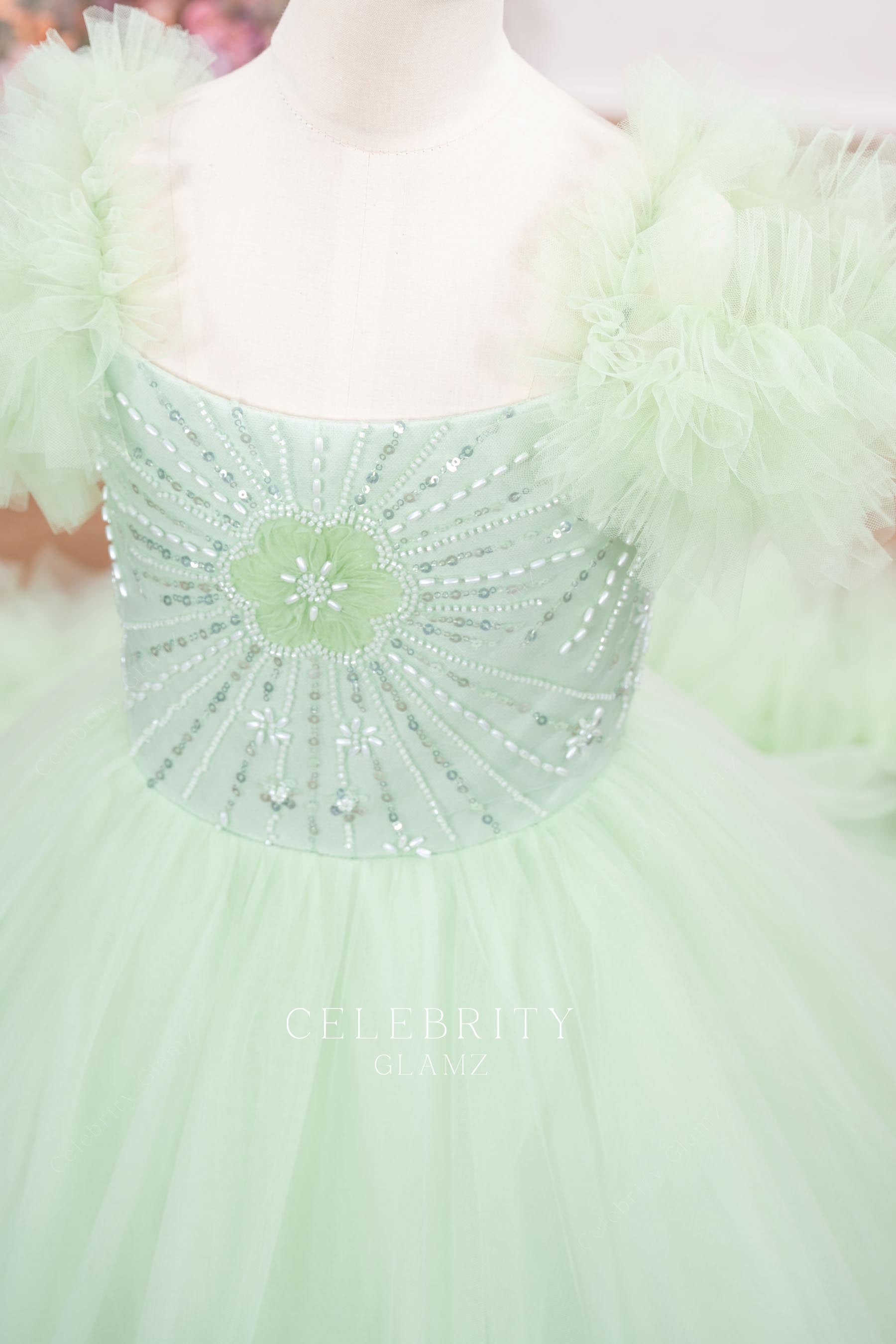 mint ruffled sleeve kids pageant gown