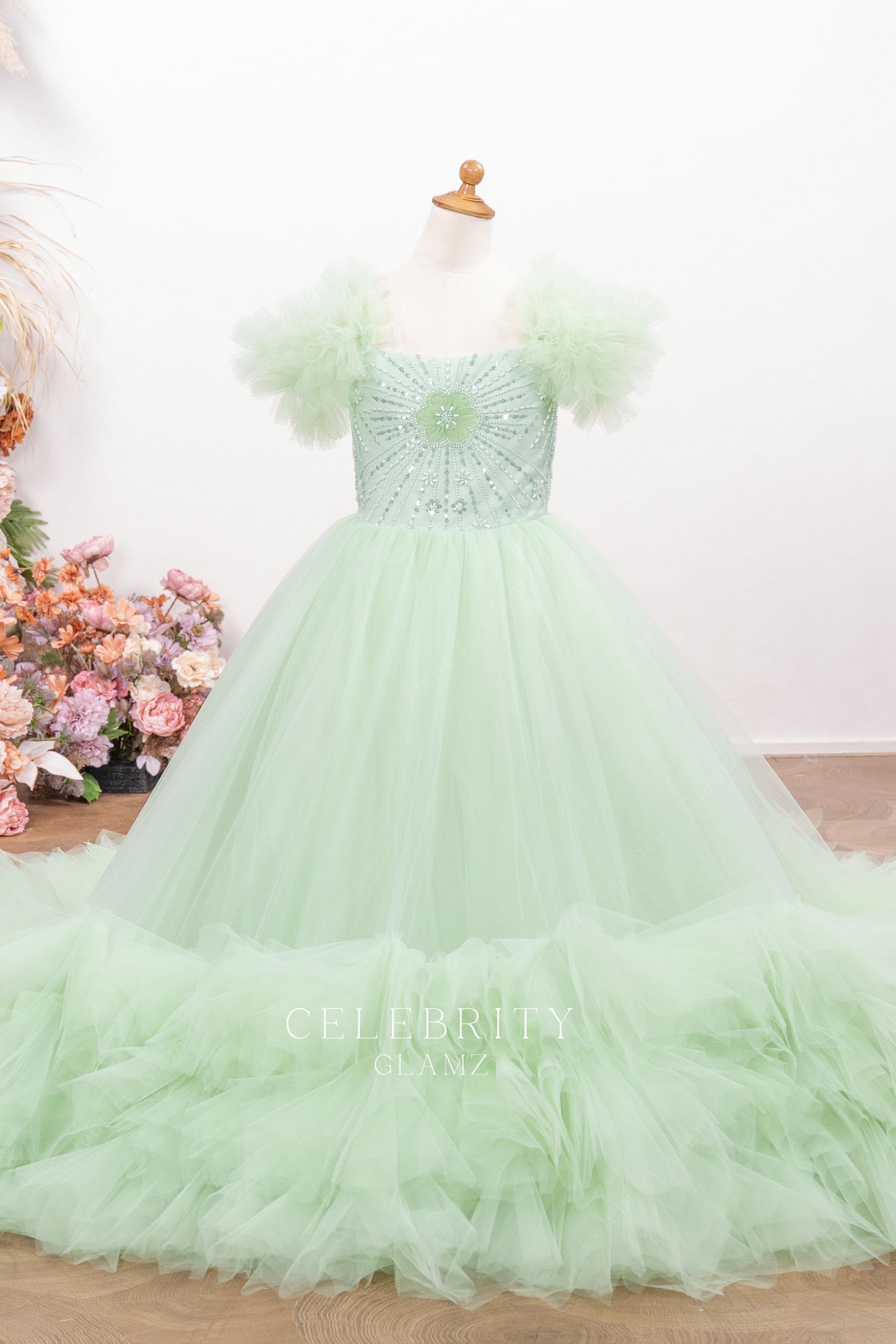 mint ruffled tulle pageant ballgown