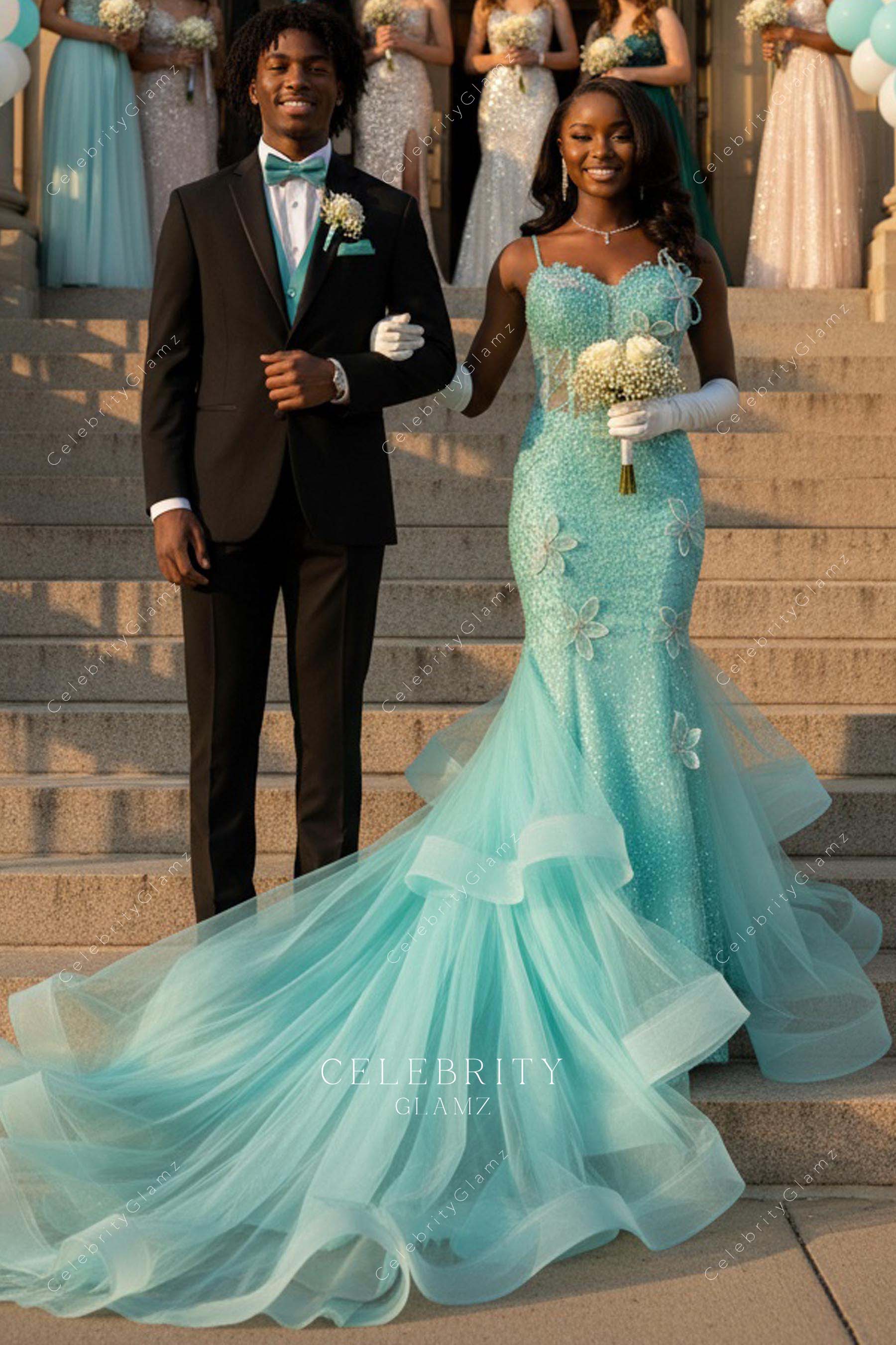 mint thin straps mermaid prom dress