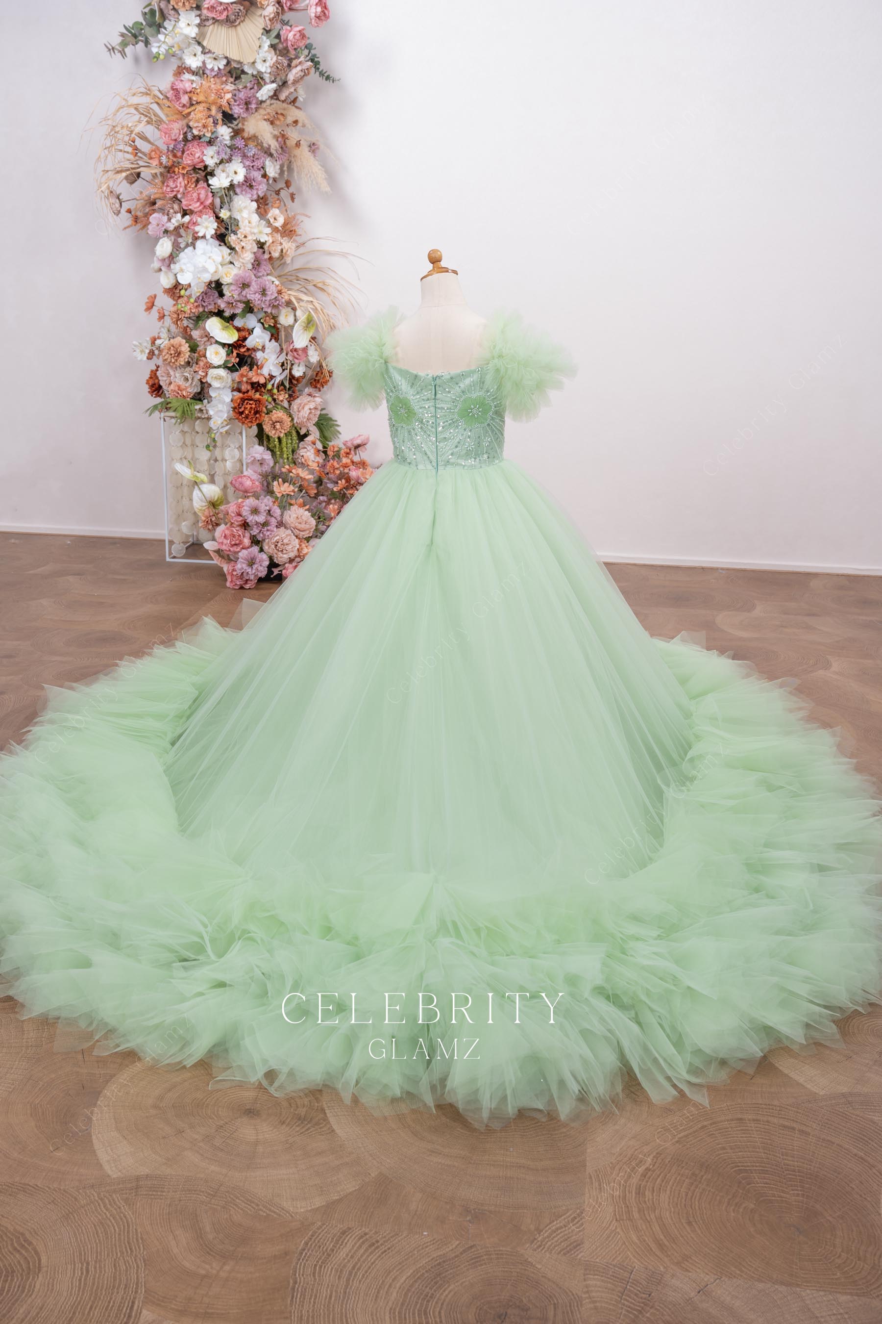 mint tulle a line pageant gown