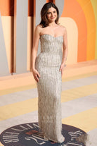 Monica Barbaro light champagne 2025 tassels Vanity fair party dress