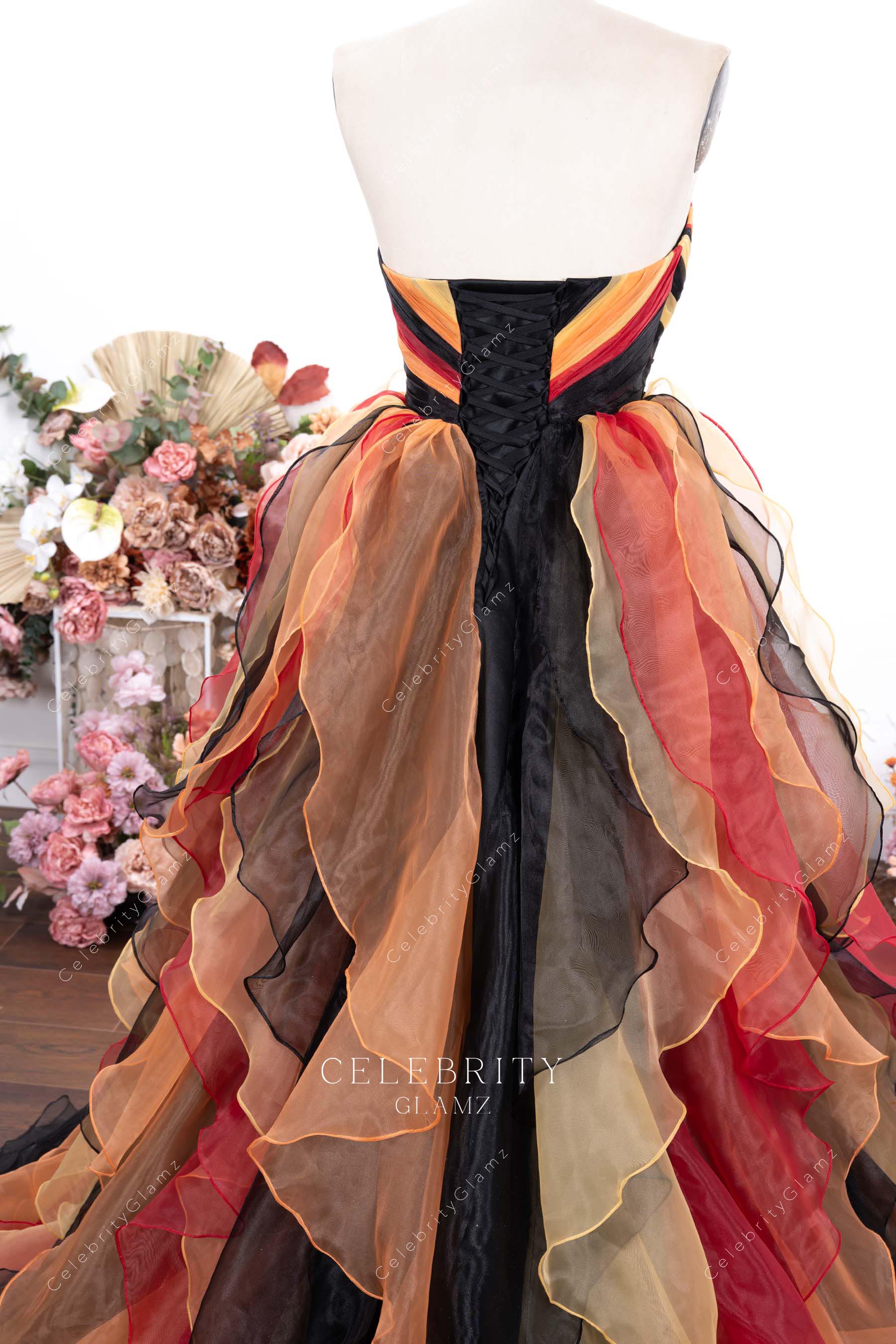 multi colored open back formal dress