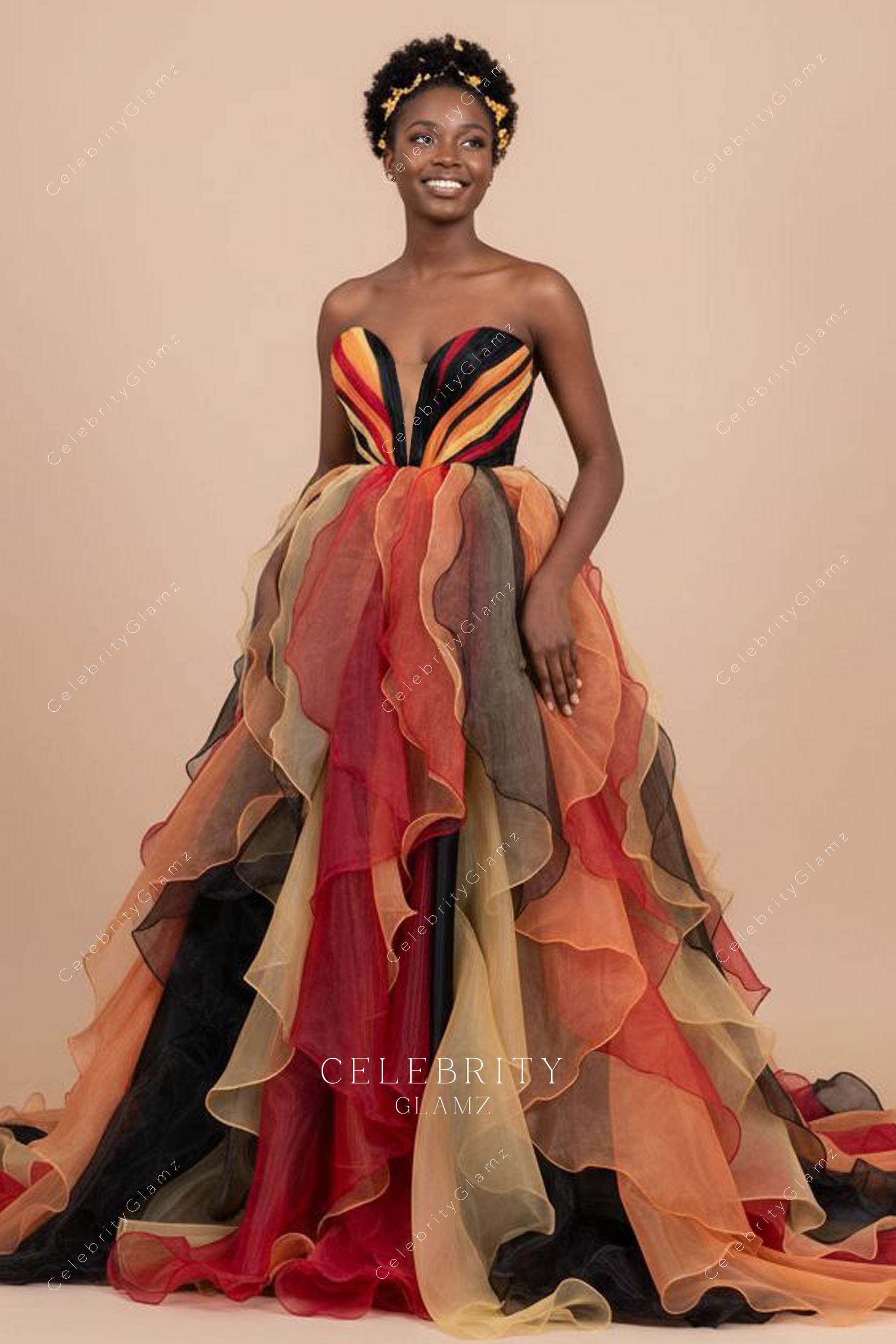 multi colored strapless formal dress