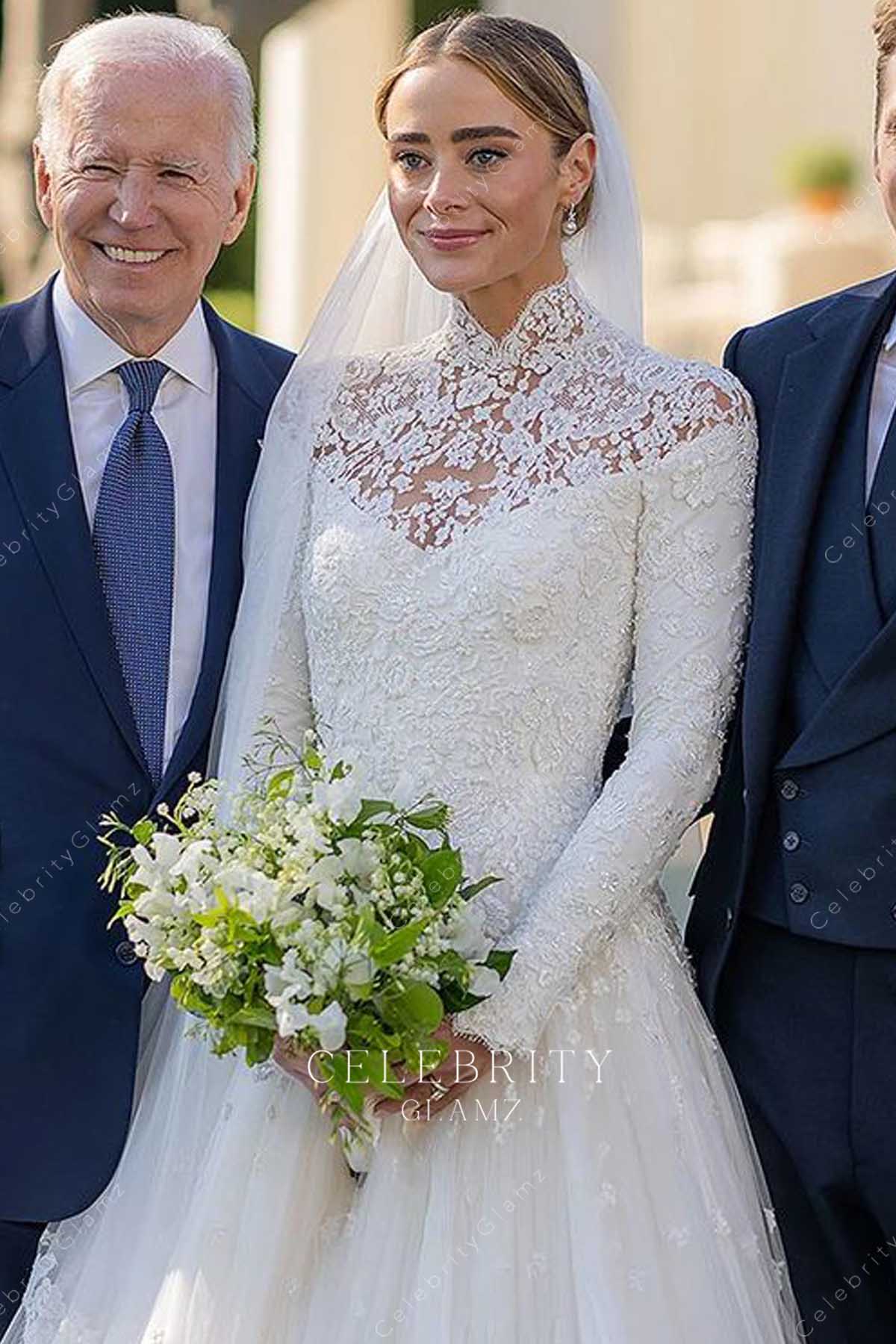 Naomi Biden lace high neck wedding dress