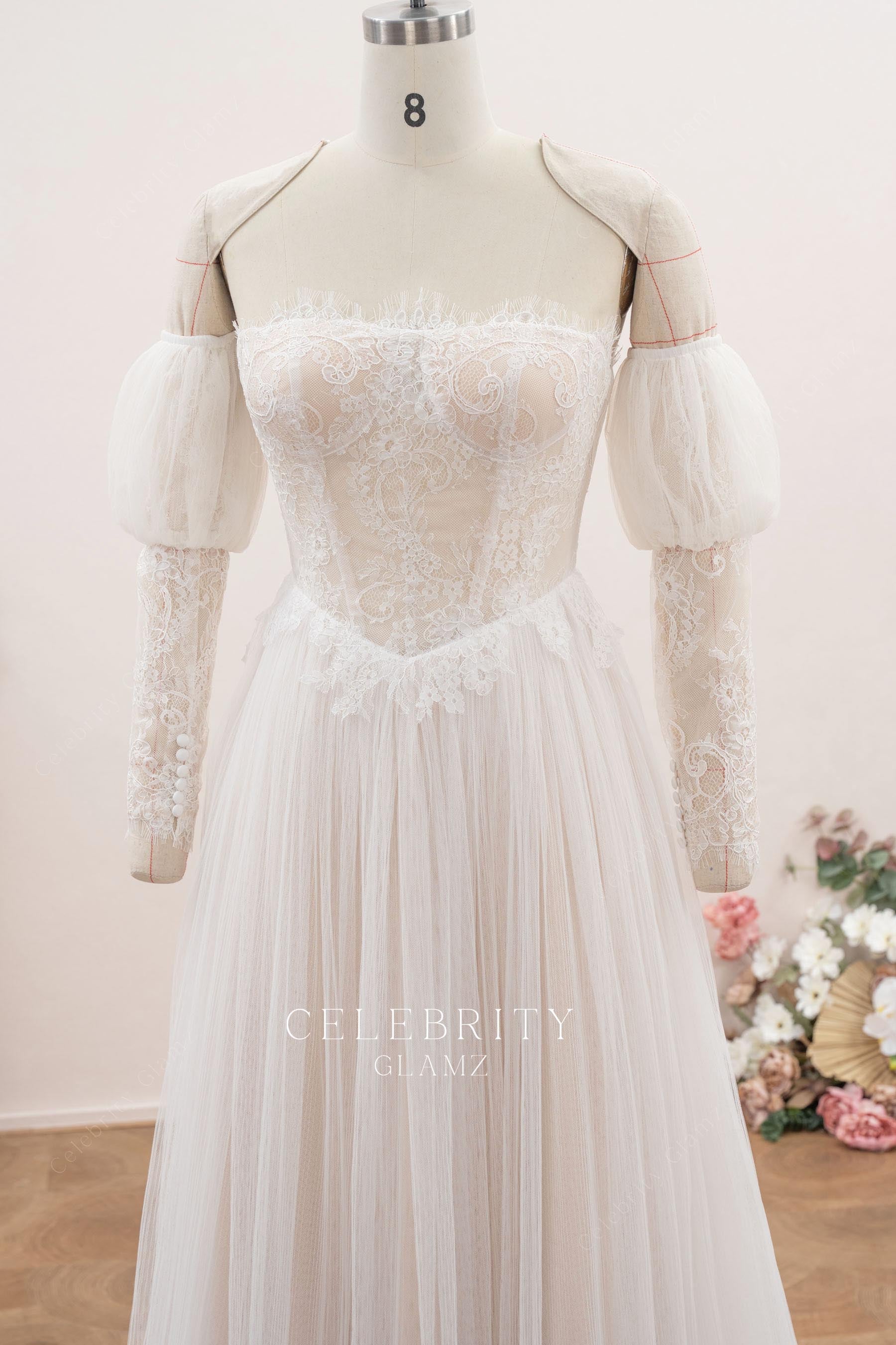 nude beige lace off the shoulder bridal dress