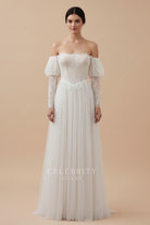 nude beige lace tulle a line bridal dress