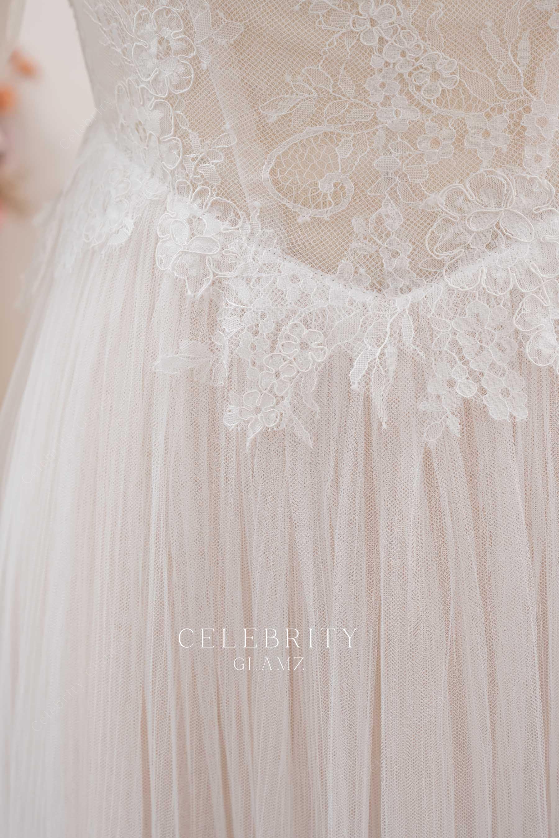 nude beige lace tulle Basque waist wedding dress
