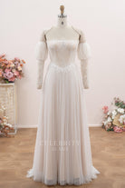 nude beige lace tulle bridal dress