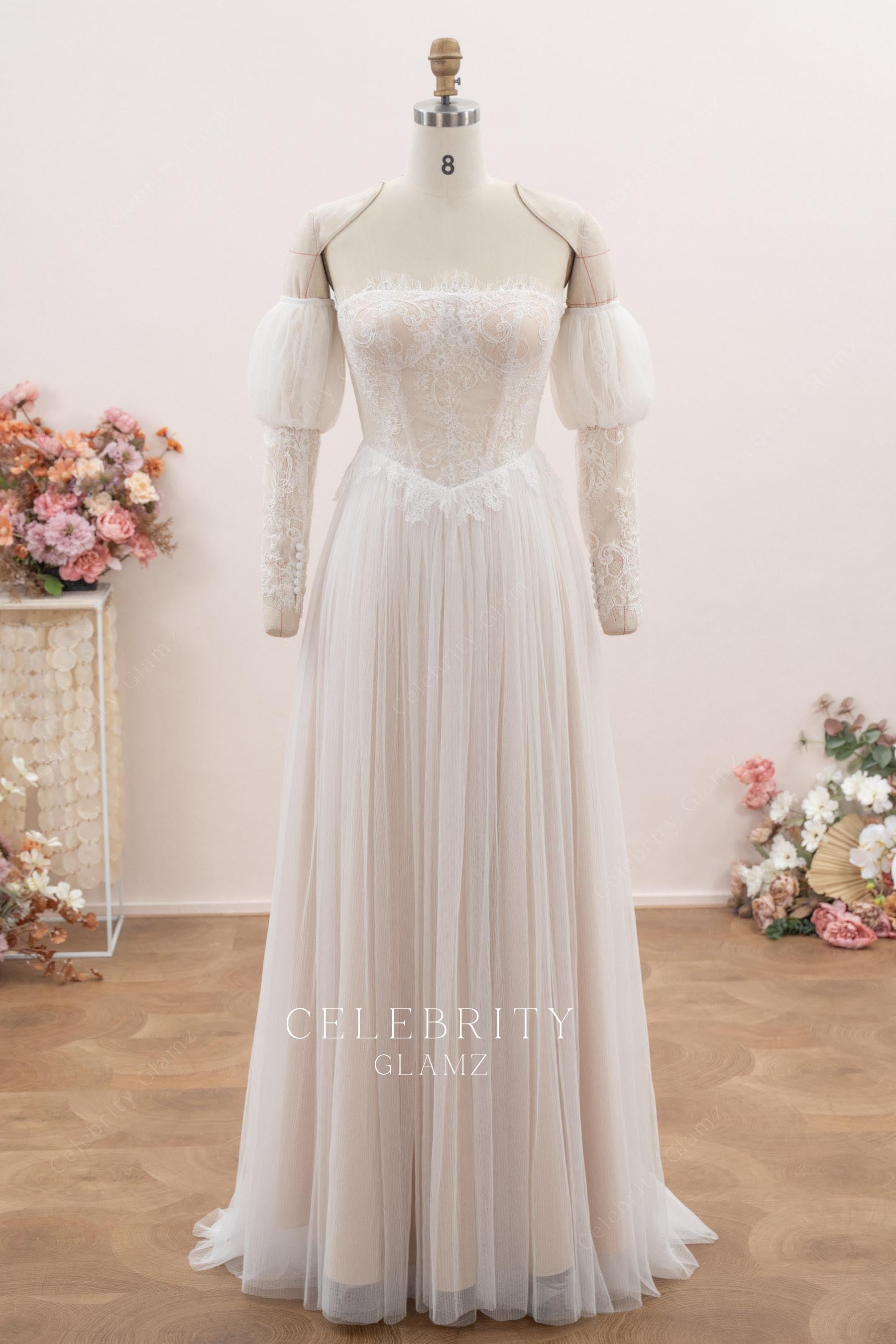 nude beige lace tulle bridal dress